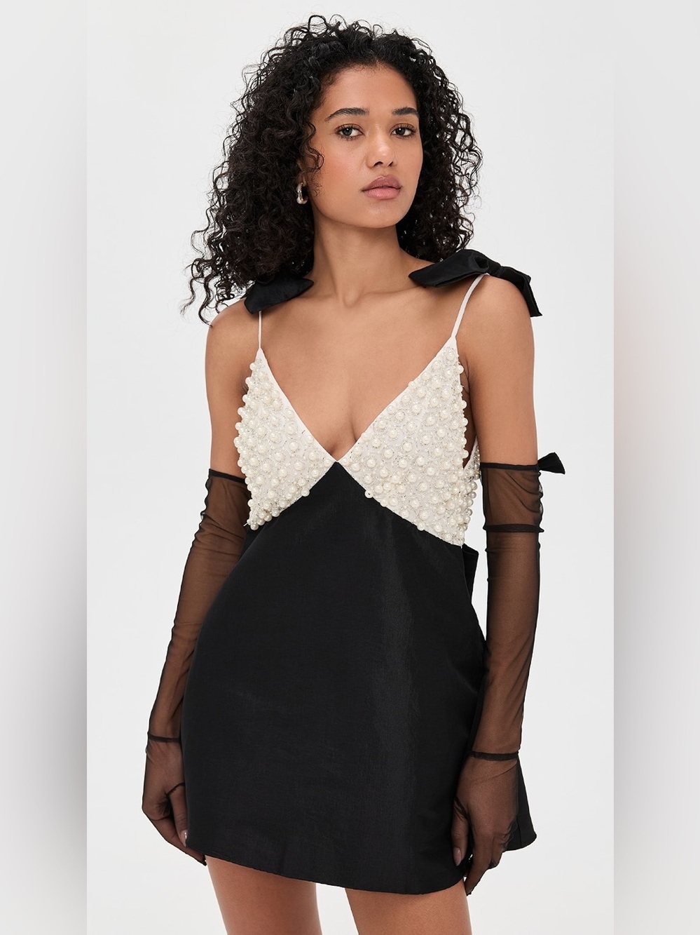 For Love & Lemons Pearly Bow Black Satin Mini Dress Size Small NWT